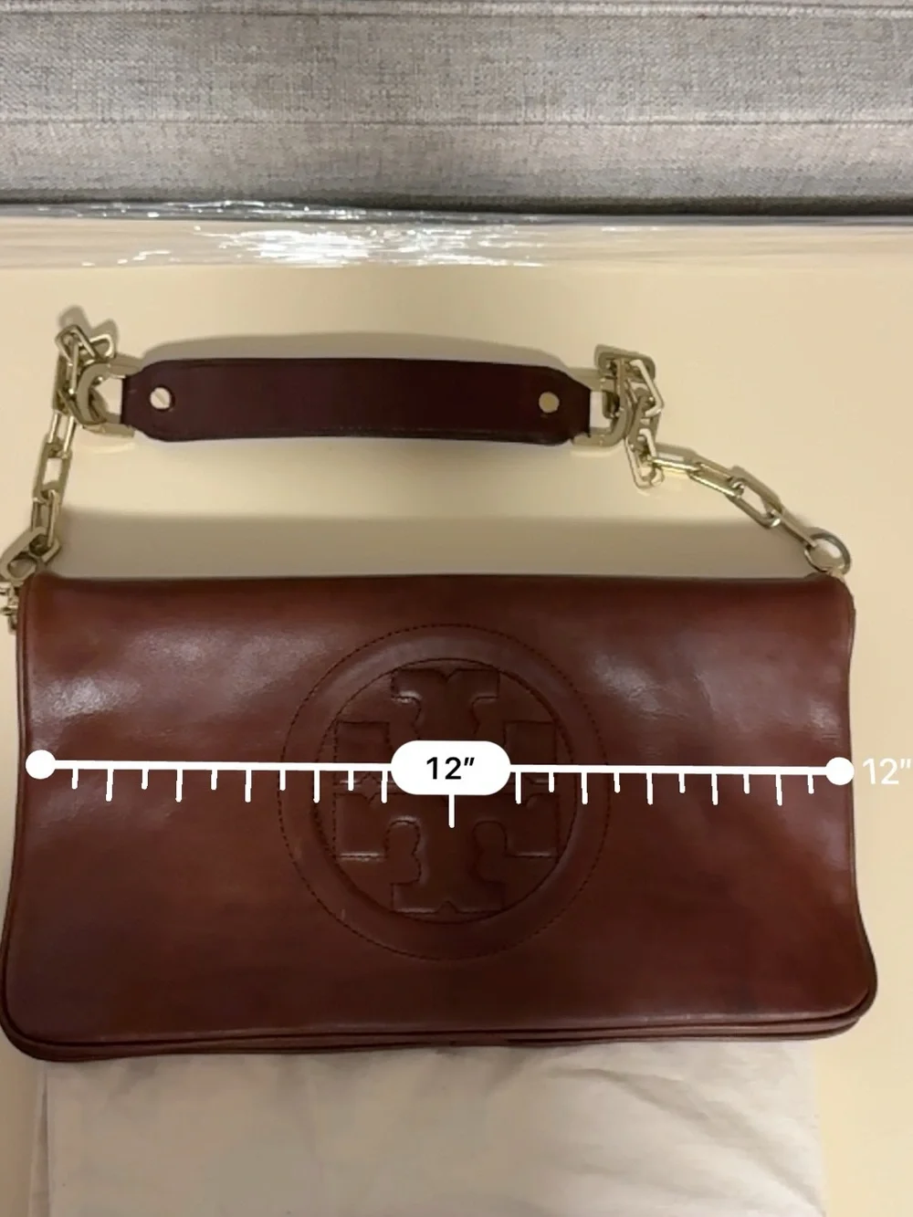 Tory Burch Bombe Reva Clutch with Gold Chain in Camel brown leather